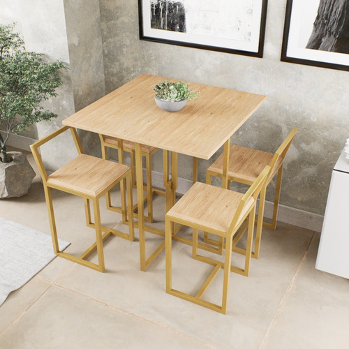 Mesa Com 4 Cadeiras Pequena Madeira Pinus Industrial Dourado