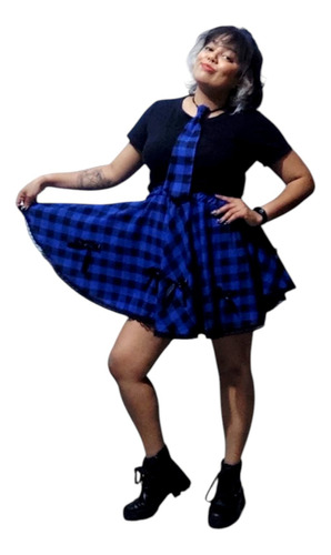 Fantasia Saia Junina Xadrez Godê - Renda-adulto + Gravata Xadrez Azul E Preto Renda Preta Cintura 70cm Até 100cm