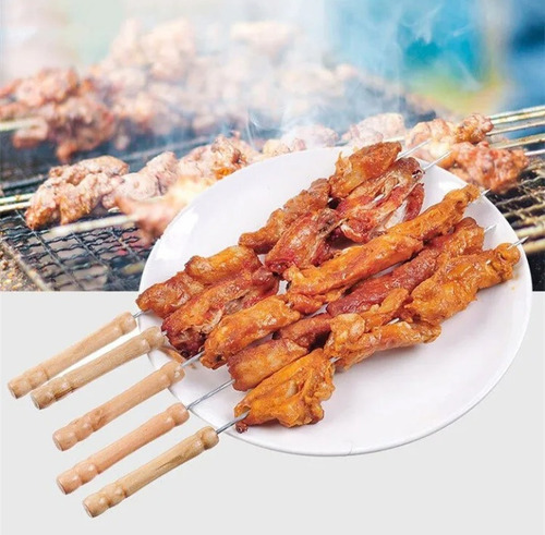 Pinchos Metálicos Asado Barbacoa Parrilla Mango Madera 6 Und