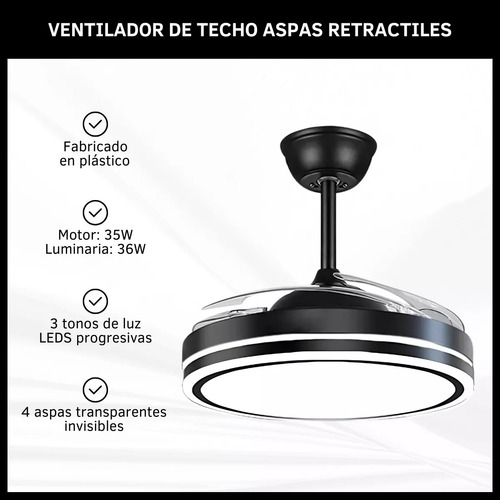 Ventilador Retráctil De Techo 4 Aspas Plásticas Transparentes Control Remoto Luz Cálida Fría Color Negro