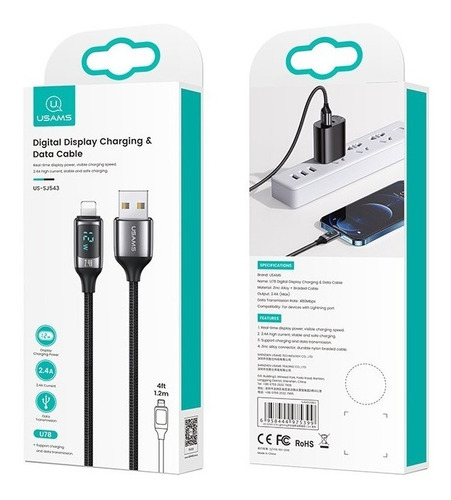 Imagen 4 de 4 de Cable Premium Usb A Lightning 12w Con Display Datos Y Carga