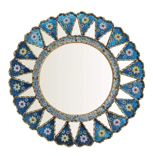 Espejo Decorativo 60cm Diámetro - Floral Azul Y Espejos