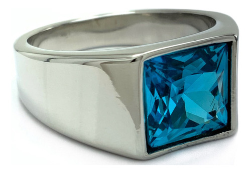 Anillo Hombre Elegante Piedra Azul Acero Inoxidable Liso