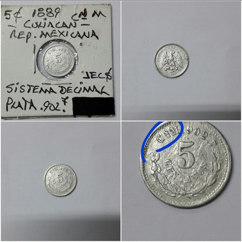 Moneda De 5 Cent. 1889 Culiacán. M. Plata 902.7