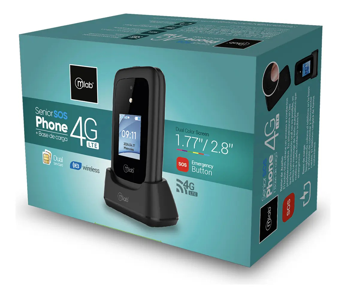 Teléfono Celular Senior Mlab 9338 4g Dual Sim Botón Sos Doble Pantalla Base Carga Negro