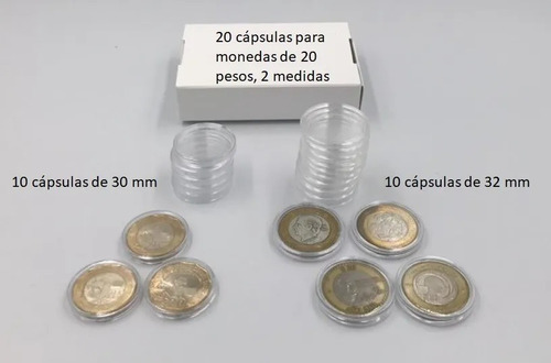 30 Cápsulas Para Monedas 20 Pesos De 30  Y 32 Mm Con Caja