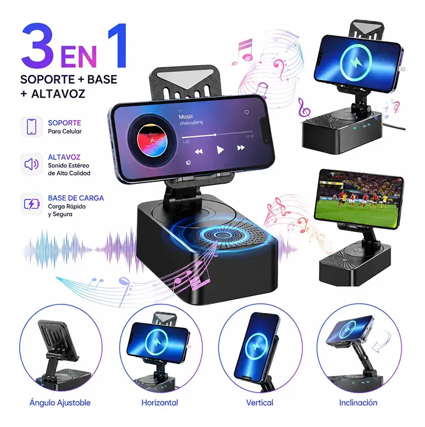 3 En 1 Bocina Bluetooth 5.3 360° Soporte Plegable Celular Negro Inalámbrica Portátil Con Cargador Y Soporte Para Celular