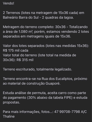 Imagem 3 de 3 de Vendo Terreno Em Baln. Barra Do Sul - 150 Metros Da Lagoa