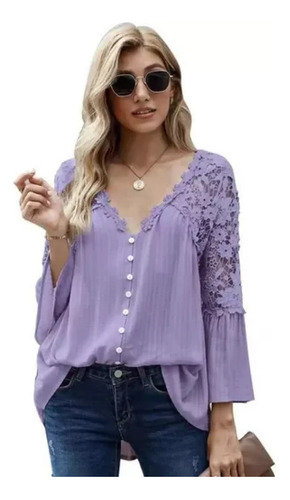 Blusa Mujer Suelto Encaje Cuello En V Manga Larga