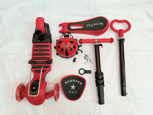 Scooter 5en1 Con De Pie Asiento Luces Led Mariquita 2-10años Rojo