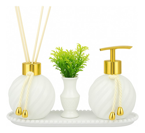 Kit Lavabo Para Banheiro Aromatizador Difusor De Ambiente Luxo Com Vasinho E Bandeja Cor Branco