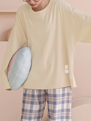Cómodo Conjunto De Pijama A Cuadros Para El Hogar De Manga L