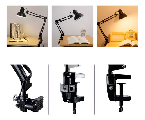 Lampara De Mesa Escritorio Metal Brazo Flexible Articulado Estructura Negro