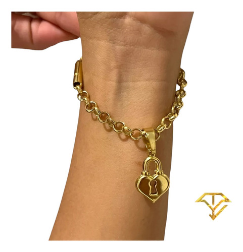 Pulseira Feminina Elo Português 6mm + Pingente Banhado Ouro