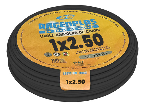 Cable Unipolar 2,50mm2 Negro Argenplas Unip 2.5 X100mts