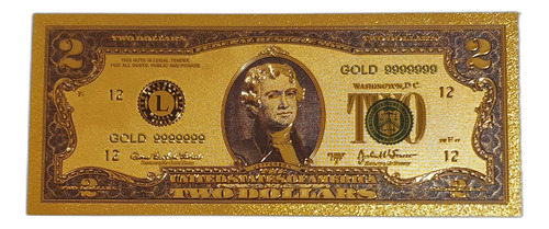 Billete Coleccionable Replica De 2 Dolares Rigido Color Oro