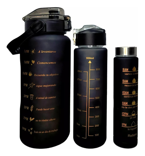 Pack De 3 Botellas Motivacional 2 L 900ml 300ml Agua Negro