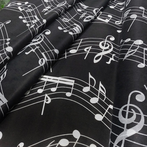 Tnt Estampado Notas Musicais Branco Fundo Preto 1,00m X 1,40