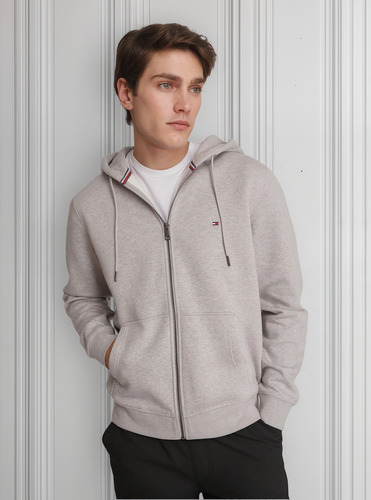 Polerón Hoodie Con Cierre Logo Hombre Tommy Hilfiger Gris
