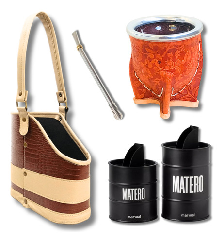 Combo Matero Set Mate Cuero Bolso Cartera Bombilla + Latas