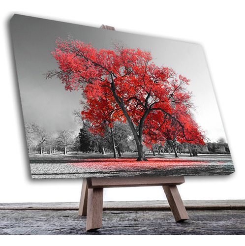 Cuadro Decorativo Árbol Blanco Negro Con Vivos Rojos 135x90