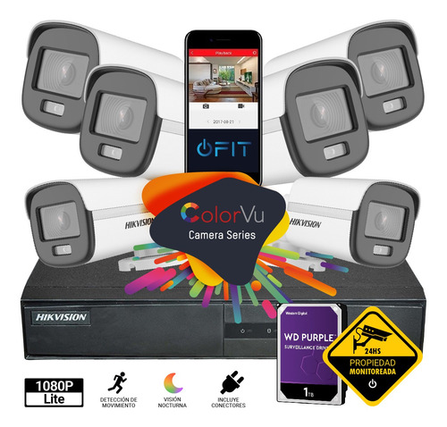 Imagen 1 de 9 de Kit Seguridad Hikvision Colorvu 6 Camaras + Dvr + Disco 1tb