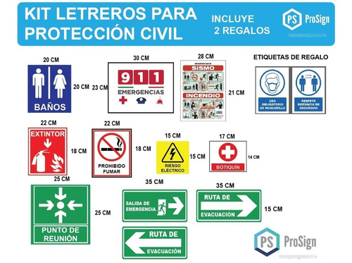 Kit 19 Letreros Seguridad Protección Civil+regalo 2 Piezas