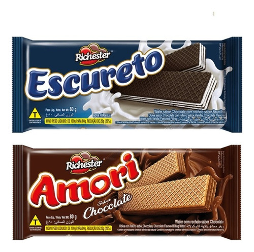 Wafer Richester Recheio Chocolate + Escureto Amori 80g (2un)