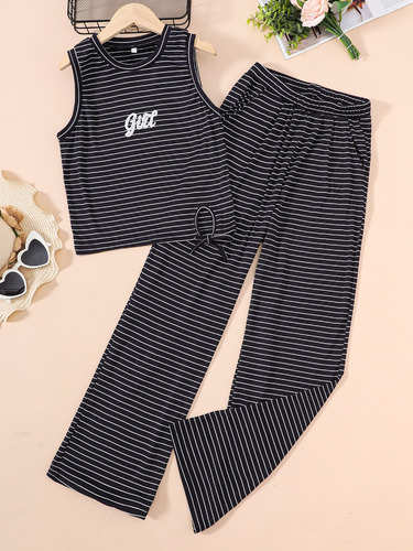 Conjunto De Pantalones Y Camiseta Sin Mangas A Rayas Con Let