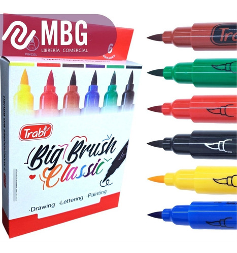 Imagen 1 de 7 de Marcador Trabi Big Brush Punta Pincel Por 6 Unidades
