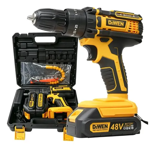 Parafusadeira Furadeira 48v Profissional 2 Baterias Sem Fio Amarelo - Dewen 127/220v 60hz