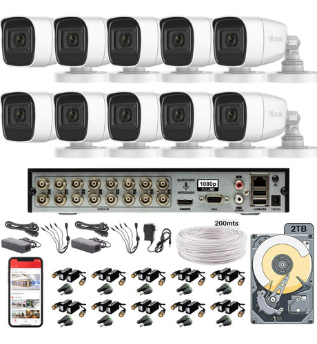 Kit Circuito Cerrado HiLook Dvr 16 Canales 10 Cámaras 1080p 2mp Audio integrado Thc-b120-ps 200mts Cable Utp + HDD 2tb