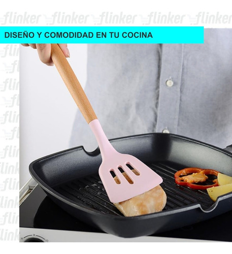 Imagen 8 de 10 de Kit X12 Utensillos Cocina Set Premium Silicona Y Madera