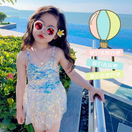 Conjunto De Traje De Baño De Sirena Para Niñas Azul Cielo M