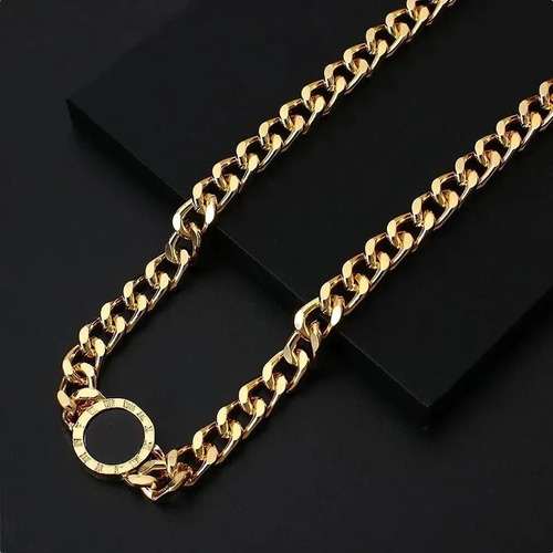 Collar Cadena Cubana Gruesa Dije Números Romanos Bañado Oro