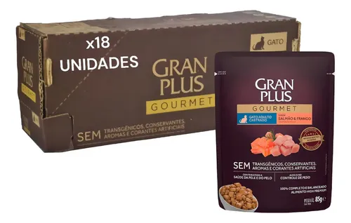 Ração Úmida Gatos Castrados Salmão Frango Gran Plus 18 Sachês 85g