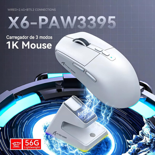 Ratón Gamer Attack Shark X6 Paw3395 Trimodo 26000 Dpi + Dock