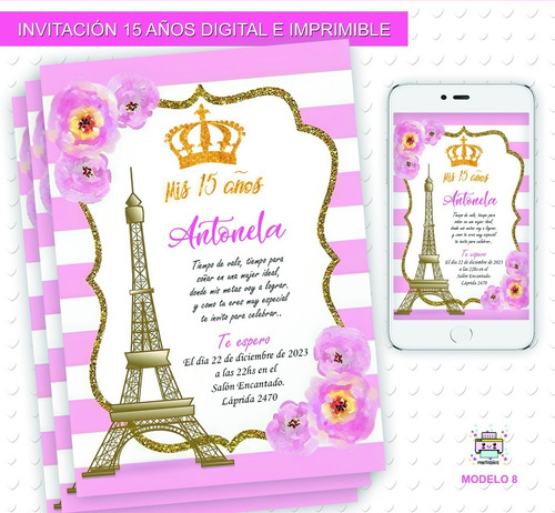 Invitación 15 Años Eifel Tarjeta Digital E Imprimible M2