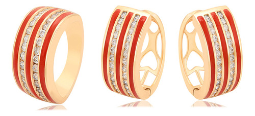 Anillo + Aretes Oro 18k Lam Rojo Swarovski Set Dama Regalo 