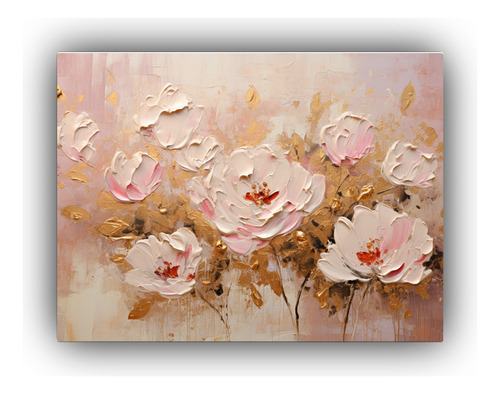 90x60cm Pintura Mural De Flores Doradas Y Rosadas Flores