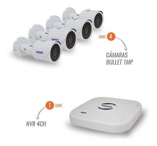 Imagen 1 de 2 de Kit Cctv 4 Camaras Ip Bullet 1mp + Nvr 4ch + Cable + Disco