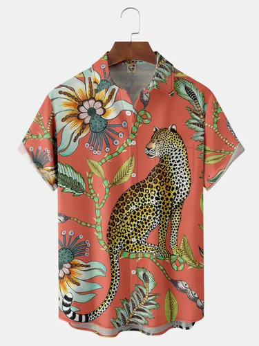 Camisa Hawaiana Unisex Con Estampado Tropical De Leopardo, C