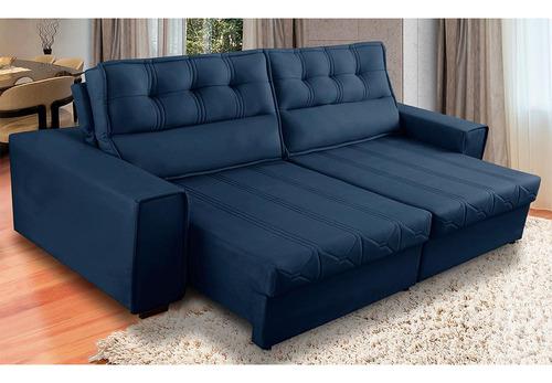 Sofá Retrátil Reclinável 3 Lugares Molas 2,30m Camila Suede Cor Azul