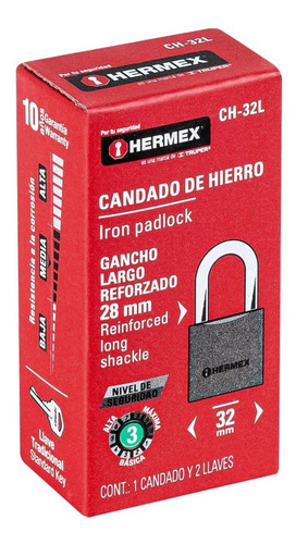 Imagen 3 de 10 de Candado De Hierro Gancho Largo 32mm Hermex + Llaves