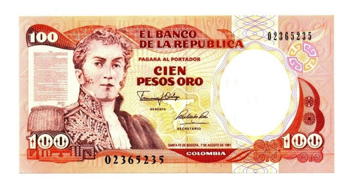 Billete Colombia 100 Pesos Oro 1991 (Usado)