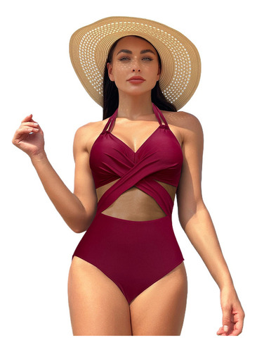 Bikini De Una Pieza Con Cuello Halter Para Mujer, Color Liso