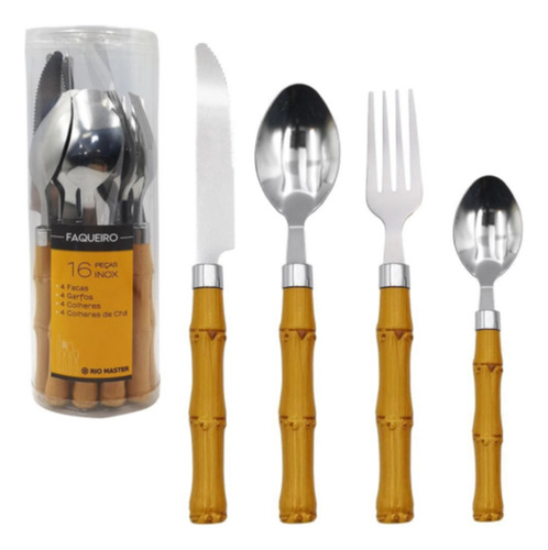 Conjunto Talher Faqueiro 16 Peças Bambu Cabo Plástico