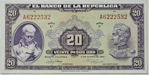 Billete 20 Pesos 07/ago/1947 Colombia Au