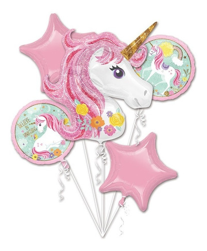 Ramillete Globos Unicornio Magico Rosa Fiesta Jumbo Bqt 5pz