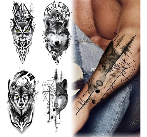 4 Tatuaje Temporale Realistagrandes Lobo Tattoo Hombre Mujer